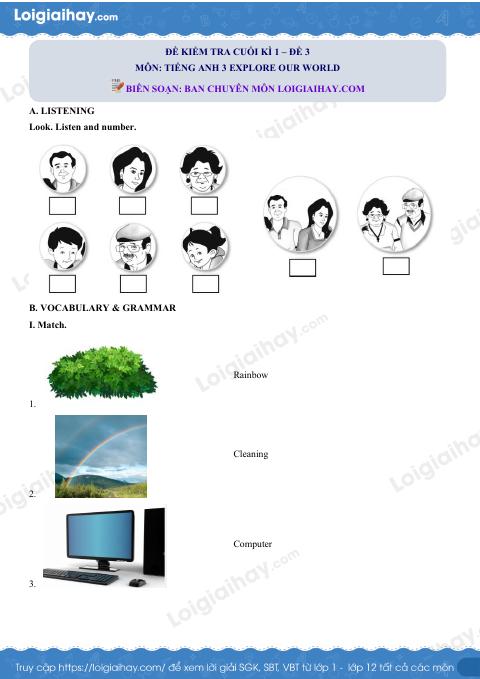 Đề thi học kì 1 Tiếng Anh 3 Explore Our World - Đề số 3